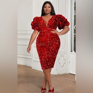 Red Sequin Puff Sleeve Bodycon Midi Dress